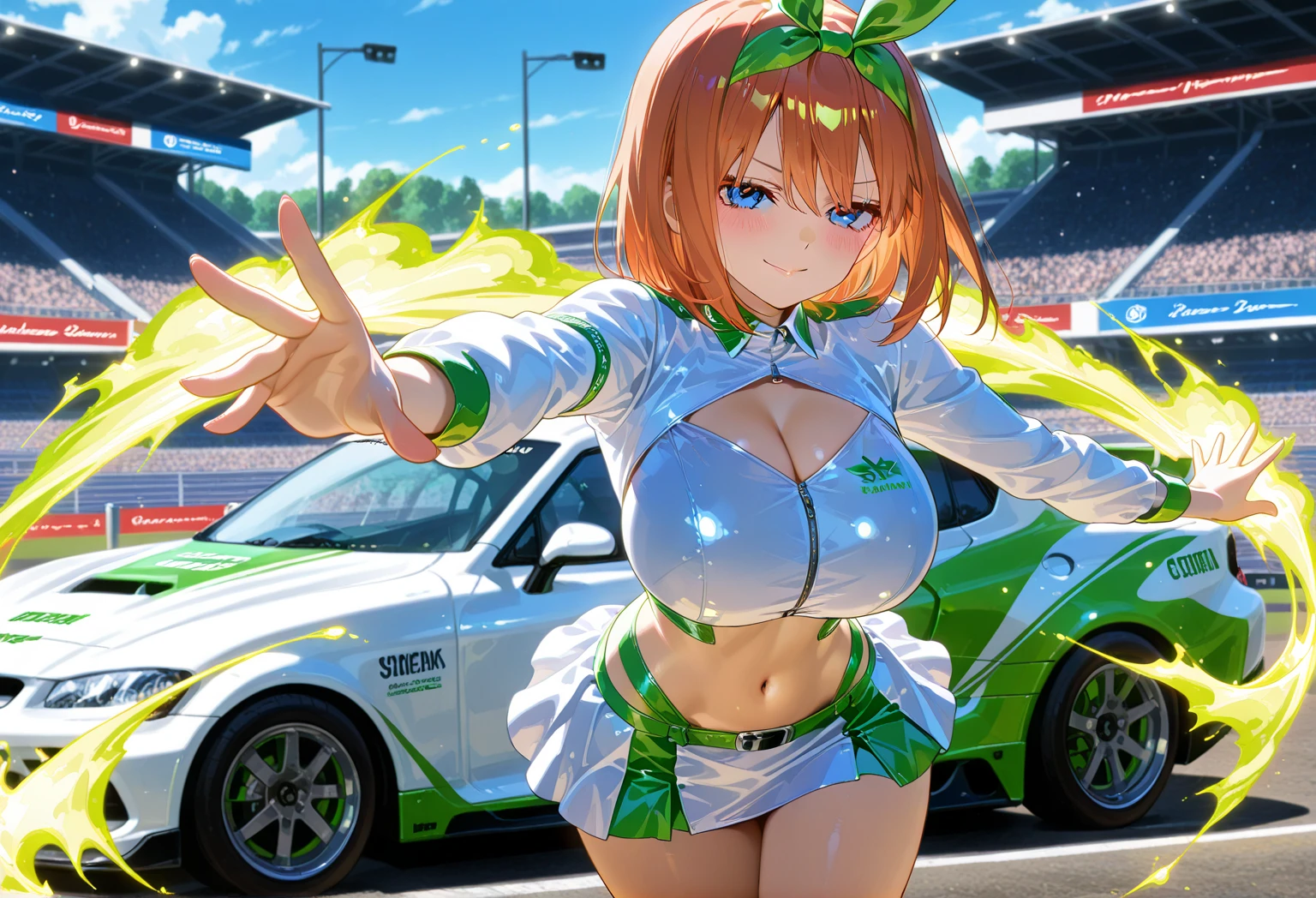hiten kei style, claude monet, oil painting, (masterpiece, top quality, race queen, street lamp, park, outdoors, solo, detailed nipples, best quality, pendant necklace, official art, beautiful and aesthetic:1.2), (1girl), extreme detailed, colorful, highest detailed, arm band, orange hair, standing, official art, bangs, unity 8k wallpaper, ultra detailed, sports car, beautiful and aesthetic, beautiful, masterpiece, best quality, glitter drawing, necklace, aqua eyes, topless, nipples, stomach, sleeveless, bare shoulder, race queen skirt, visor hat, smiling, medium breasts, huge nipples, outdoors, rib bones, low ponytail, gold bracelet, umbrella, open mouth, laughing, orange hair