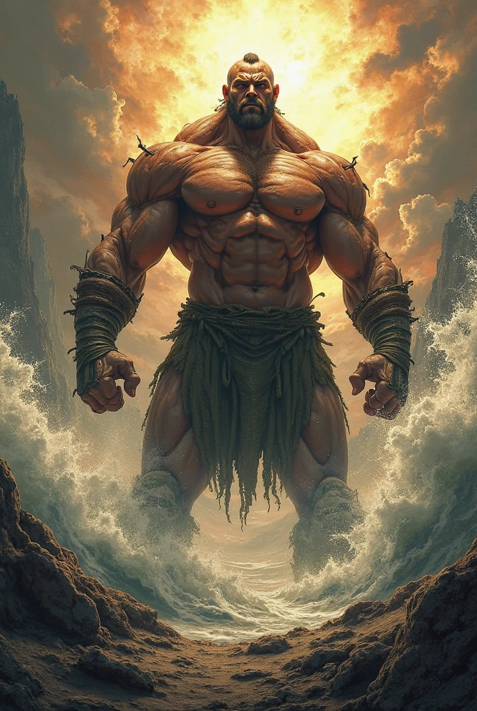 A mythological being chained between the clouds