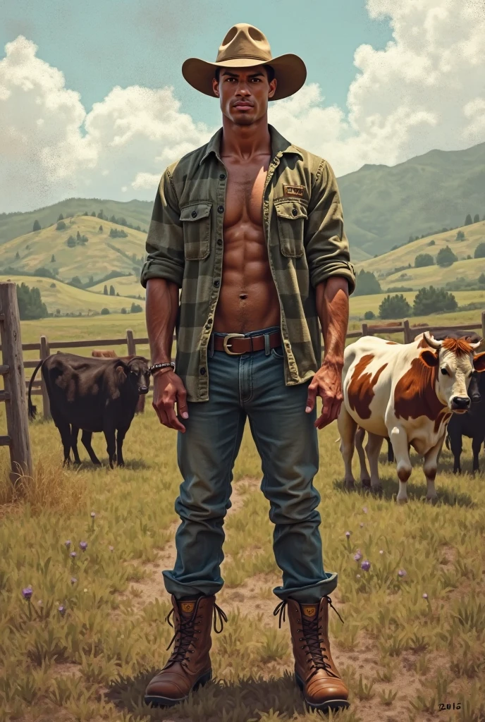 images that reflect the strength and masculinity of European workers in various physical tasks:
Industry: Livestock Image background: Meadow with cattle. Leg position: One leg forward, the other slightly flexed.
Arm position: Holding a rope with both hands.
Action performed: Leading a bull.
Color palette: Greens and browns.
Facial expression: Serious and focused.
Facial and physical characteristics of the model: Tanned skin, strong and robust.
r. Kevin Sloan an roberto ferri style..., neutral soft colors., 8k resolution, full body, handsome, In the artistic style of norman rockwell, splendid naked, thin and ripped body, detailed realistic muscles, swimming suit, 20 years old. full body, male model. black hair, green eyes, male gaze. handsome. bodybuilder swimsuit, romanticism, symbols and metaphors. Beautiful details, quirky, distinctive images, stylistically diverse painting, Intricate detailsfull body, 20 years old man, shirtless, barefoot, wearing jeans, wearing a toe ring beautifull, gorgeous, perfect realistic detailed muscles, muscled legs, adorable face, taller, masculine gaze, confident look, soft perfect white skin, barefoot, blue eyes, perfect anatomy, portrait, a painting of a young man Pencil Sketches by Albert Eckhout enchanting young man, highly detailed beautyfull face, freedom, soul, digital illustration, approaching perfection , dynamic, highly detailed, watercolor painting, artstation, concept art, smooth, sharp focus, illustration in the style of artists like Russ Mills, Sakimichan, Wlop, Loish, Artgerm, Darek Zabrocki, and Jean-Baptiste Monge (homoerotism_fullbody_nsfw_seductive
