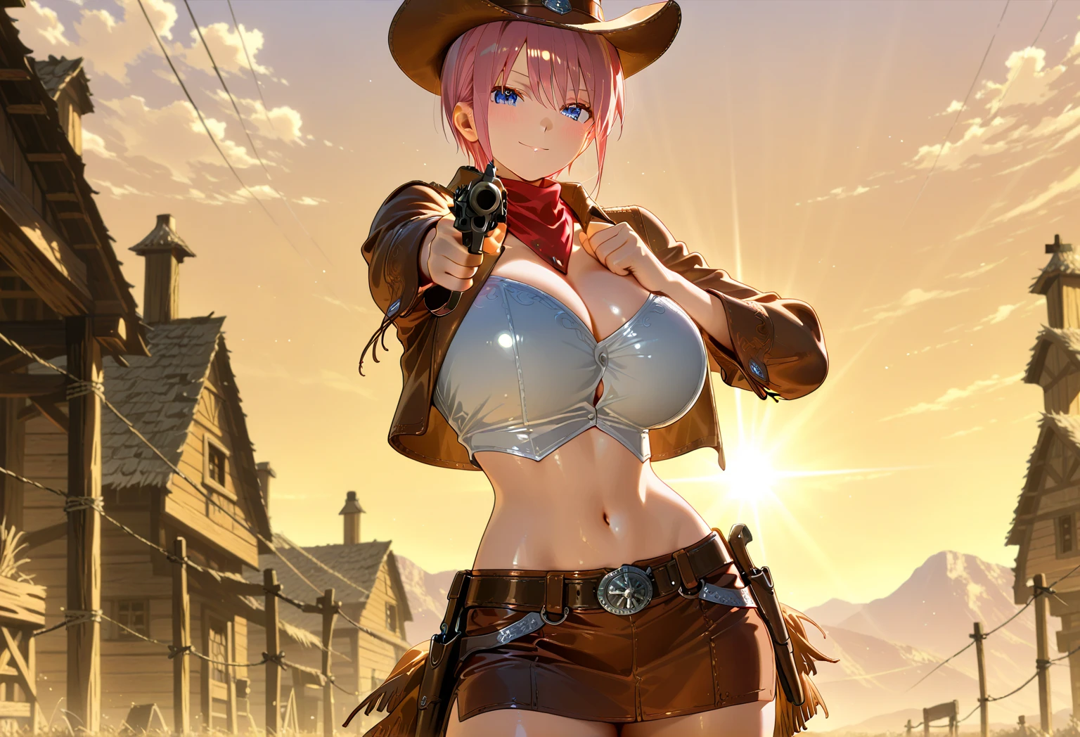 8k, masterpiece, best quality, realistic, higly detailed, cowboy shot, 1girl, solo, Ichika Nakano, very short hair that has a single long strand on the right side, white-pink hair, a single earring, dark blue eyes, average height, well-endowed figure, large breasts, cute, Bard, Bard Bard