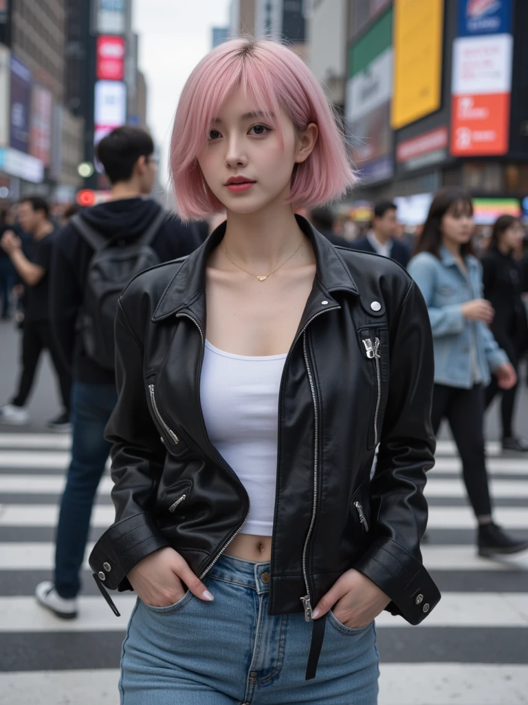 ((masuter piece)), ((top-quality)), (super detailing), ((high detailing)), 4K, (8K), Top image quality, (Beautiful fece), photos realistic, absurderes, Dating style, Pink hair、short-hair、耳Nipple Ring、Large outerwear, Black miniskirt, Satisfied look, Natural beautiful light, Pretty beautiful woman