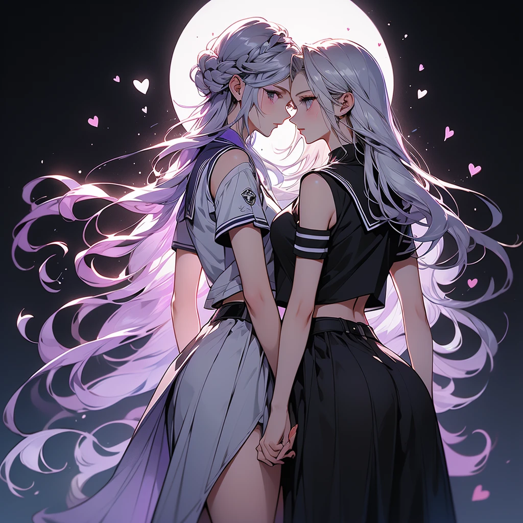 2girls,Girl1:a black hair and short hair,girl 2:white hair and long hair,Kiss