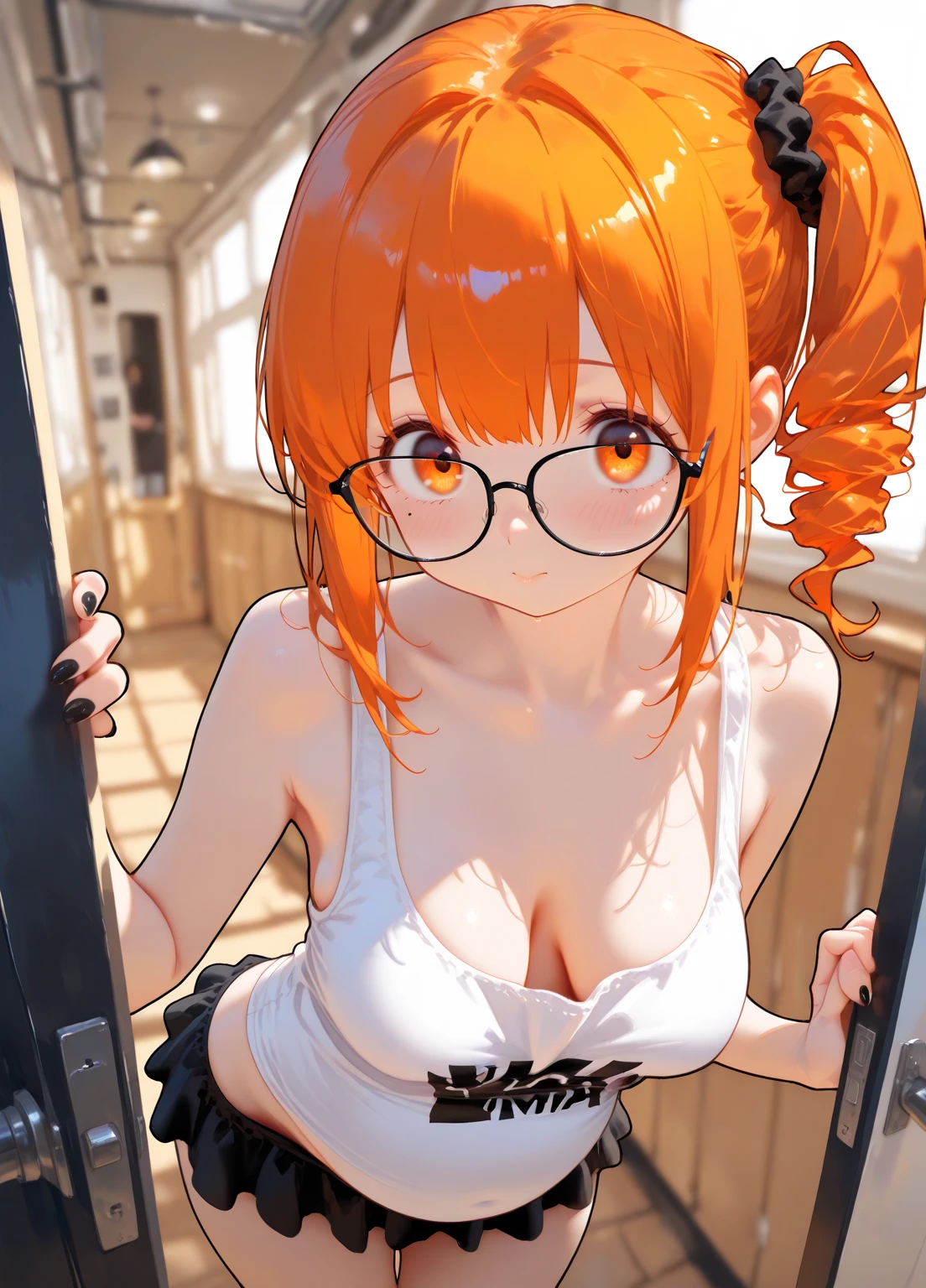 ((Marl、Horse ear headband、fake horse ears))、(lightly dressed、cleavage of the breast、full body Esbian、Beautiful legs)、(persona、futaba sakura, orange color hair, Black-rimmed glasses、put out the tongue、Puffy jacket、Beautiful woman painting based on a painting by Naoya Maeda)、1girl in、master piece、japanaese girl、absurderes、hight resolution、ultra-detailliert、depth of fields、masterpiece、extremely details CG、3D Photography、3D background、Unity、8K、Hi-Res、top-quality、shadowy、foco nítido、pale-skinned、A detailed eye、blurry backround、dynamic ungle、Exaggeration of gloss、best super feat、a closed mouth、Look at viewers、cute smile face、Red cheeks、superclear