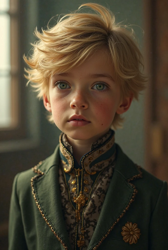 It depicts a scene of a blonde prince standing in the desert in a green outfit, gazing into the distance. He is wearing a red bow tie and a brown belt. Very handsome boy, boy, young, boy like a model from Paris Fashion Week, beautiful detailed eyes, white skin, perfect face, high resolution, sharp focus, ultra detailed, highly detailed, photorealistic artwork, highly detailed CG unity, 8k, wallpaper, vibrant colors, vibrant themes, exquisite, masterpiece, best quality, artistic photography, photo by sldr, exquisite background) perfectly rendered face, perfect facial details, realistic face, photorealistic, exquisite details, realism, full body, toes drawn, wide field of view,
