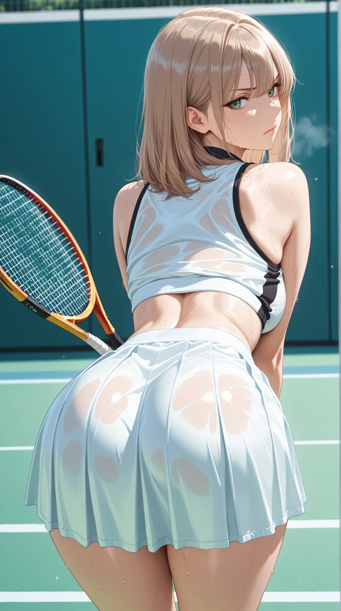 Beautiful buttocks, ((Big: 1)), (((hairless: 1))), perfect anatomy, (((((Tennis balls bite into the buttocks: 13)))))), 10-year-old pubic meat, embarrassing, white clear liquid adhering to tennis balls, white liquid splattering around the buttocks, red face, ecstasy, (((((without panties)))), naked, big, sweaty buttocks, white clear liquid violently coming out of the buttocks (white liquid), ((The pubic area is liquid and seemingly invisible:1)), 66