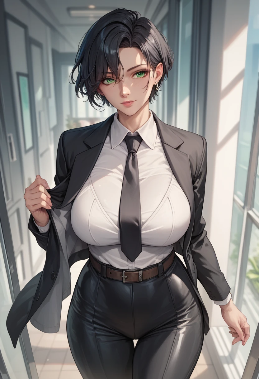 masterpiece, best quality, highres, professional portrait drawing of himenoCSM, detailed perfect face, (happy, blush), short black hair, single eyepatch, looking at viewer, standing, arms behind back, (business suit, black pants, black tie), public park in autumn, dynamic orange lighting, <lora:himenoChainsawMan_v1:0.92>