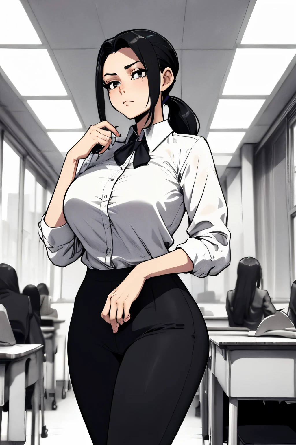 1girl, solo, Mature, hair up, black hair, disgust, seen from below, glasses, adjusting eyewar, indoors, office, white shirt, vest, necktie, pencil skirt, pantythose, skindentation <lora:Style_Asanagi_XL_ff:1>, score_9, score_8_up, score_7_up, score_6_up, score_5_up, score_4_up, BREAK source_anime, masterpiece