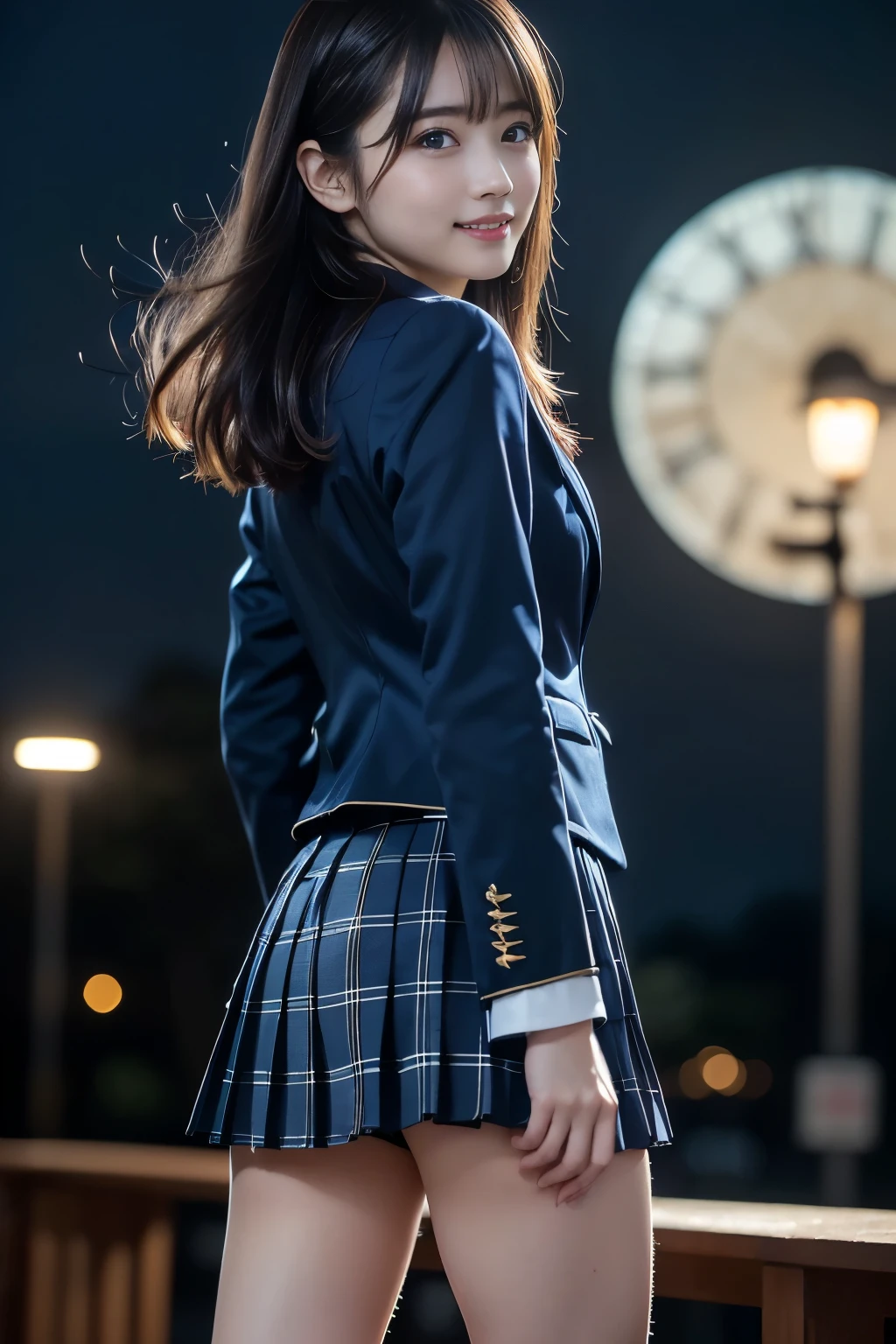 (Highest Quality、masterpiece、super quality、Super accurate 、UHD、Ultra High Definition:1.2)、(16k、photorealistic、Photorealistic、 RAW photos 、f/2.8:1.uper realistic details、high detail showing from the waist down、very detailed、Highest Qualityの影、depth of field、ray tracing:1.2)、(Baby Face、Pretty Girl High School Student、20 years old:1.uper cute face、One Nogizaka girl:1.3)、(dynamic action、full body、back view、Turn around shot、Professional cinematography、super low angle:1.agitales、double eyelids、beautiful, clear, dark eyes)、(natural makeup、crystal pendant for acting)、(big smile、happy:1.hort bob with brown hair、Shortcuts、bungs、流したbungs:1.2)、(Perfect Anatomy、完璧な比率、Beautifully detailed body、Beautifully detailed hands and fingers、Beautifully detailed legs、 white skin、very detailedな肌と顔の質感:1.2)、(JK white shirt、 JK Plaid Pleated Skirt:1.4)、(JK navy blue blazer uniform、Female High School Student Uniforms:1.4)、(Night Park、stage、fantastic、Mysterious、Night Scenery、starry sky:1.tageを散歩してる女子高校生のローアングルバックショット:1.kirt fluttering in the strong wind)、( beautiful Korean girl 、 movie-like lighting、professional lighting)