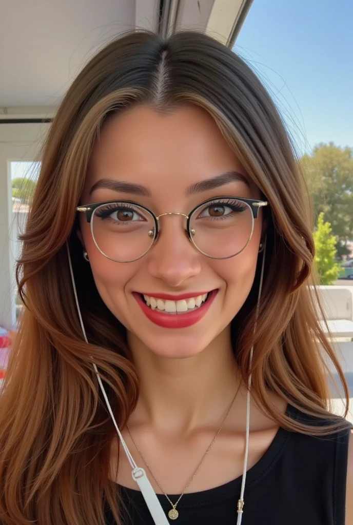 model smiling with prescription glasses, lighting, studio, roupa vermelha, image with focus and red white background illuminated office interior, luz vermelha, fundo desfocado, imagem detalhada realista textura pele cabelo