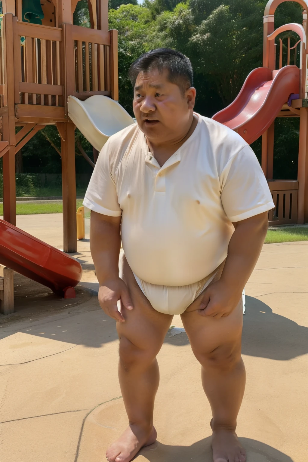 A fat young Thai grandfather with a belly, wearing underwear with a crotch, was taking a shower in the bathroom and was wet.