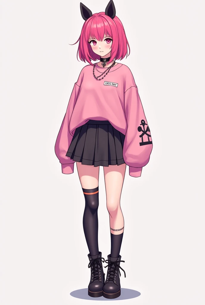 anime girl with dark purple hair and two pink streaks on her bangs, wearing a black sweatshirt, a short pink skirt and black leggings, pink socks and black shoes
