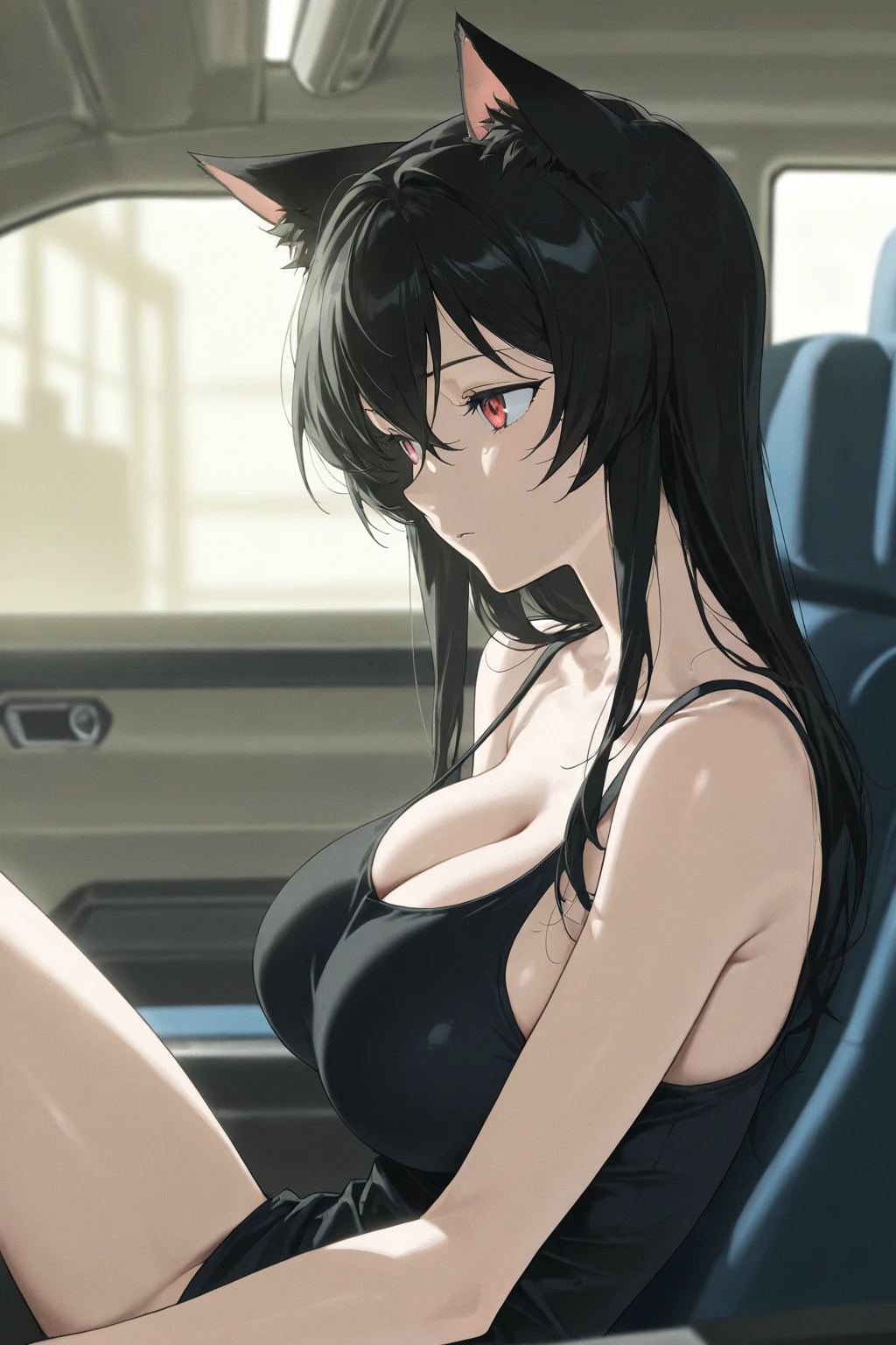 Sexy woman, seductive eyes, bending forward, through car window, cleavage, night time, raining