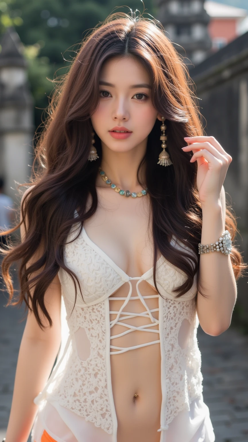 Absurd, ultra-detailed, high quality, masterpiece, detailed face, beautiful eyes(detailed eyes), Greek mythology, Goddess, Hera , the queen of the gods, striking and captivating, features are classically beautiful, with high cheekbones, a perfectly proportioned face, eyes depicted as large and captivating, hold an intense gaze, dark brown hair , hair is luxuriant and flowing, cascading down her back in waves , (small breasts:1.2), wearing elegant robes adorned with intricate patterns , Her beauty is not merely superficial but embodies the essence of power, authority, and regality.