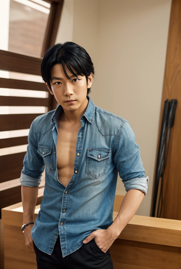 attractive mature japanese man, sentado, com longo, messy hair, sem camisa, corpo definido, sorriso safado, no interior de uma casa ao entardecer