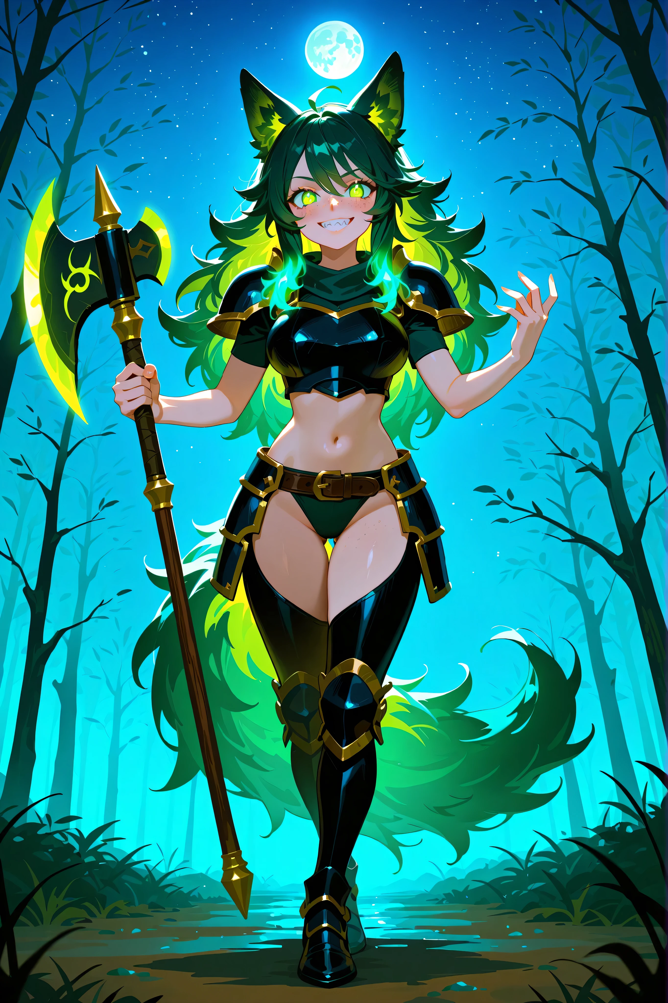 Masterpiece, best quality, amazing quality, absurdres, very aesthetic, lazypos, 1 woman, 5 feet tall, slim, medium-big chest, large hip, dark green shoulder long hair, fluffy hair, wolf ears, fluffy ears, wolf eye, fluffy tail, sharp canine teeth), wearing black armor with short sleeves , dark green crop top showing midriff , (shoulder armor , chest armor , hip armor, lower leg armor), smooth natural moonlight with soft shadows , night , outside , backdrop of a dark forest , stary sky with moon , adventurous , fantasy-themed atmosphere , detailed background , fog , confident, (many freckles on nose line, hip, thigh, ass cheek and chest:1.48), slightly flustered, (glowing eyes, glowing hair tip, green eyes, wolf eyes, feral eyes, detailed eyes, detailed face), (thigh gap:1.27), (detailed chest), (giant axe, long handle, glowing edge), axe in hands, combat stance, in combat, teasing, evil smile, laughing, proud, (spirit, female, moon spirit, teasing), far pov