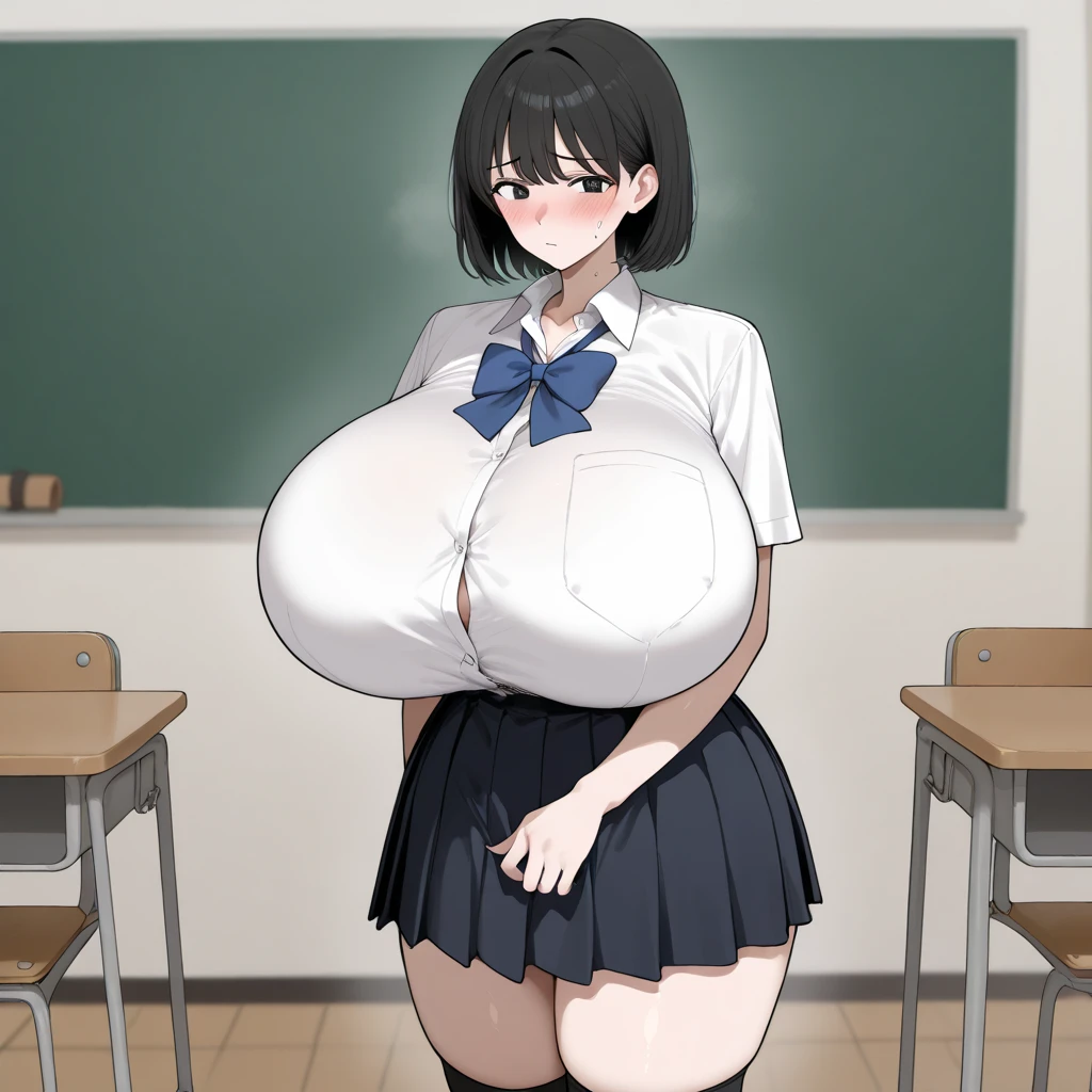 Solo best quality, masterpiece, extremely detailed CG, extremely detailed 8K wallpaper, indoors, classroom, masterpiece, best quality, extreme detail, Sharp anime style, sharp focus, intricate details, 1girl, huge breasts, highres, white school shirt, navy blue skirt, 8k, tomboy, black hair, brown eyes, female, fair skin, voluptuous, short black hair, high school girl, standing, hourglass figure, cool face, short hair, sharp and cool face, calm expression, fair skin, rather tall, full body shot, , school girl, white shirt, brown eyes, nijistyle, crossing arms under(gigantic breasts breasts 1.8)
