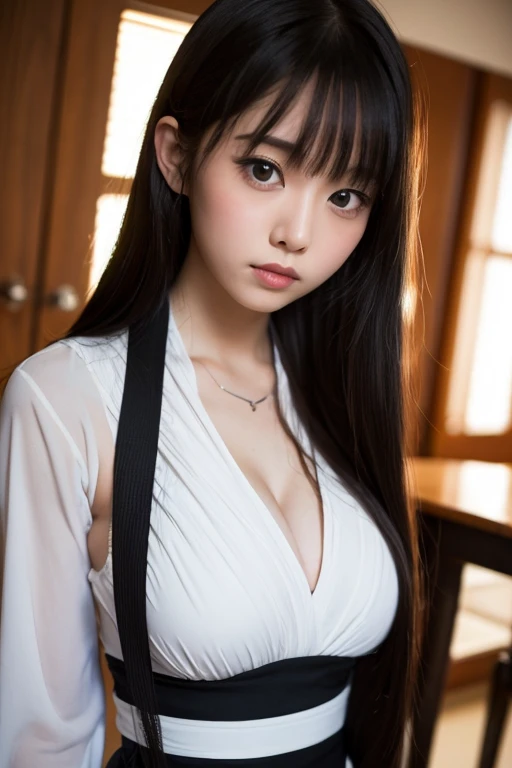 (masterpiece、High resolution、high quality)、Very beautiful Japanese women、A ghostly, fragile woman、Wearing a white kimono、All-white kimono、Beautiful long flowing black hair、Pale skin、Diseased skin、Great beauty、Big Breasts、Very thin body、Curved waist、Are standing、Gaze Here、A resentful look、Full body portrait、Old Japanese house、Dark Night、Late Night、Pitch-dark room、Weird talk、Dark atmosphere、Horror movie atmosphere、Only a woman emerges in a pitch black room、Photographed from the front、Very beautiful face