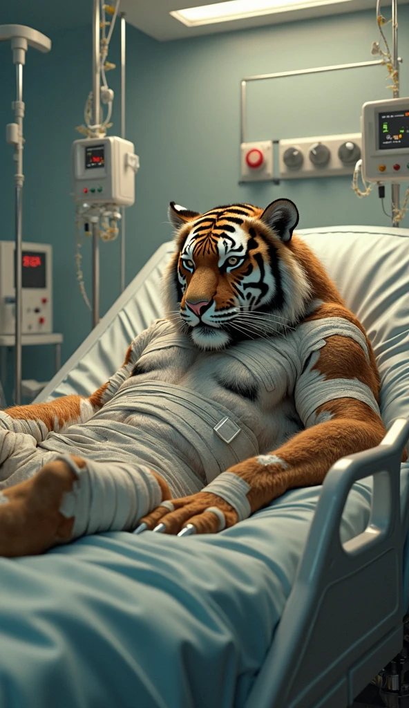 Male tiger、A composition that captures the whole body、paw pads on soles of feet、Laboratory Background、Background of the suspicious laboratory、Lying down pose、Flab on underwear、Sideways body、White underwear、Lots of pubic hair、Very long armpit hair、Thick chest hair、Top-down composition、Sharp claws on the toes、Hairless head、Shaggy fur all over the body、Upward facing face、Very long and profuse armpit hair、tiger tail