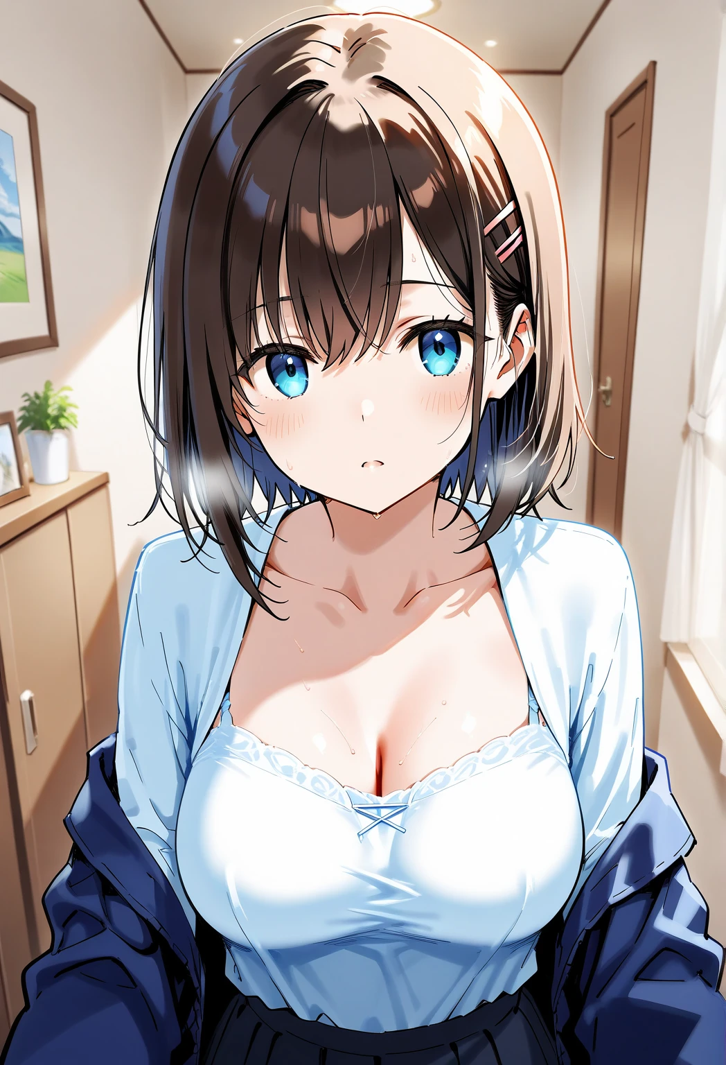 1girl, bangs, blush, breast_grab, breasts,lace bra, collarbone, short hair, swept bangs, ((((hair_between_eyes)))), brown hair,red lips,huge breasts, long_hair, (pov hand), solo_focus, indoors,alternate breast size
