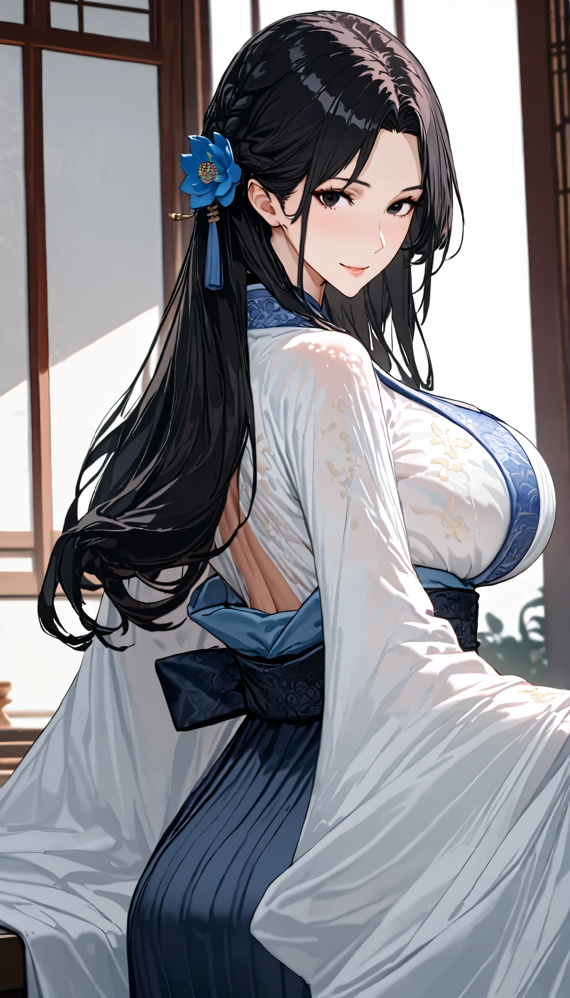 SOLO, A Female,Mature flavor,Slim body,Slim waist,Huge Oppai,(Chinese Black long hair,Braided hair, curtained hair, parted bangs),Black eyes, Wearing A White Chinese Robe With blue lotus(Hanfu type), In the Chinese classical Garden,Open Pose,Light smile,UHD, anatomically correct, masterpiece, textured skin, high details, highres, 1080P, 16k, accurate, Beautiful face, Perfect face, Highly detailed beautiful face and eyes, Attractive face, Detailed face, Delicate facial features, Detailed skin,Close-up,Upper Focus,Look Back,(((hbig bosom)))