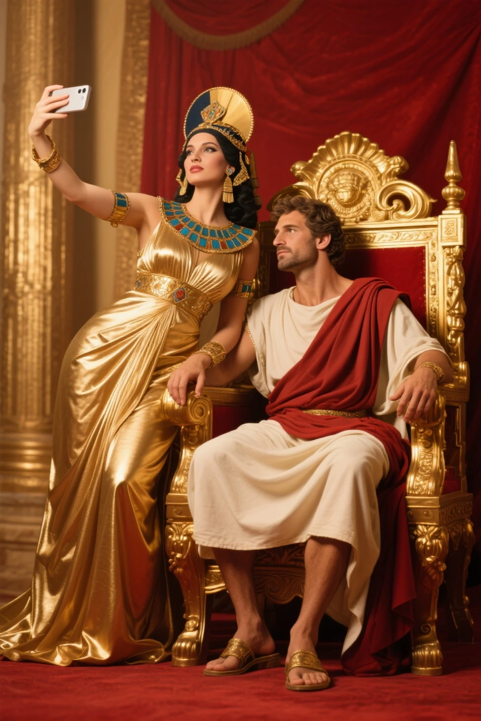 Generate an image that represents Cleopatra next to Julius Caesar, in an image that depicts the relationship and political alliance between them.