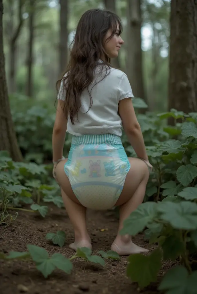 high quality, diaper, pullups goodnights, 35 year old woman, rear photo, long black hair, smiling, in a field, ((tena pattern))