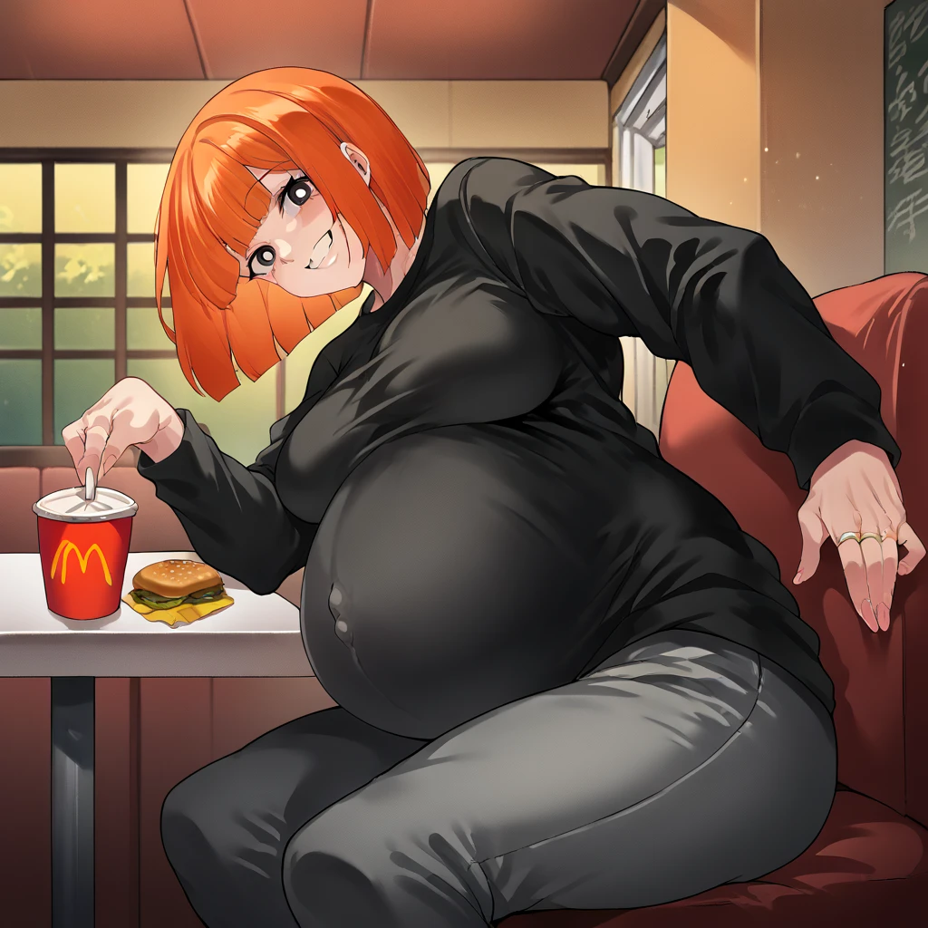 (8k uhd, masterpiece, best quality, high quality, absurdres, ultra-detailed,detailed face,detailed background),perfect lighting, 1girl, <lora:McGingerMomV2:1>,McGingerMom,orange hair,bobcut,(black eyes:1.25), white pupils,cowboy shot, indoors,(mcdonald's:1.3),(grey sweater:1.2),bottomless, pussy,pubic hair