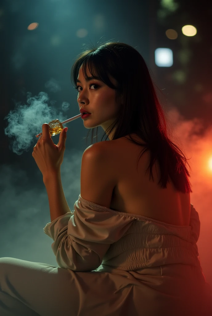 night、modern、Balcony、Smoke a cigarette、sexy、Short clothes、Beauty、profile