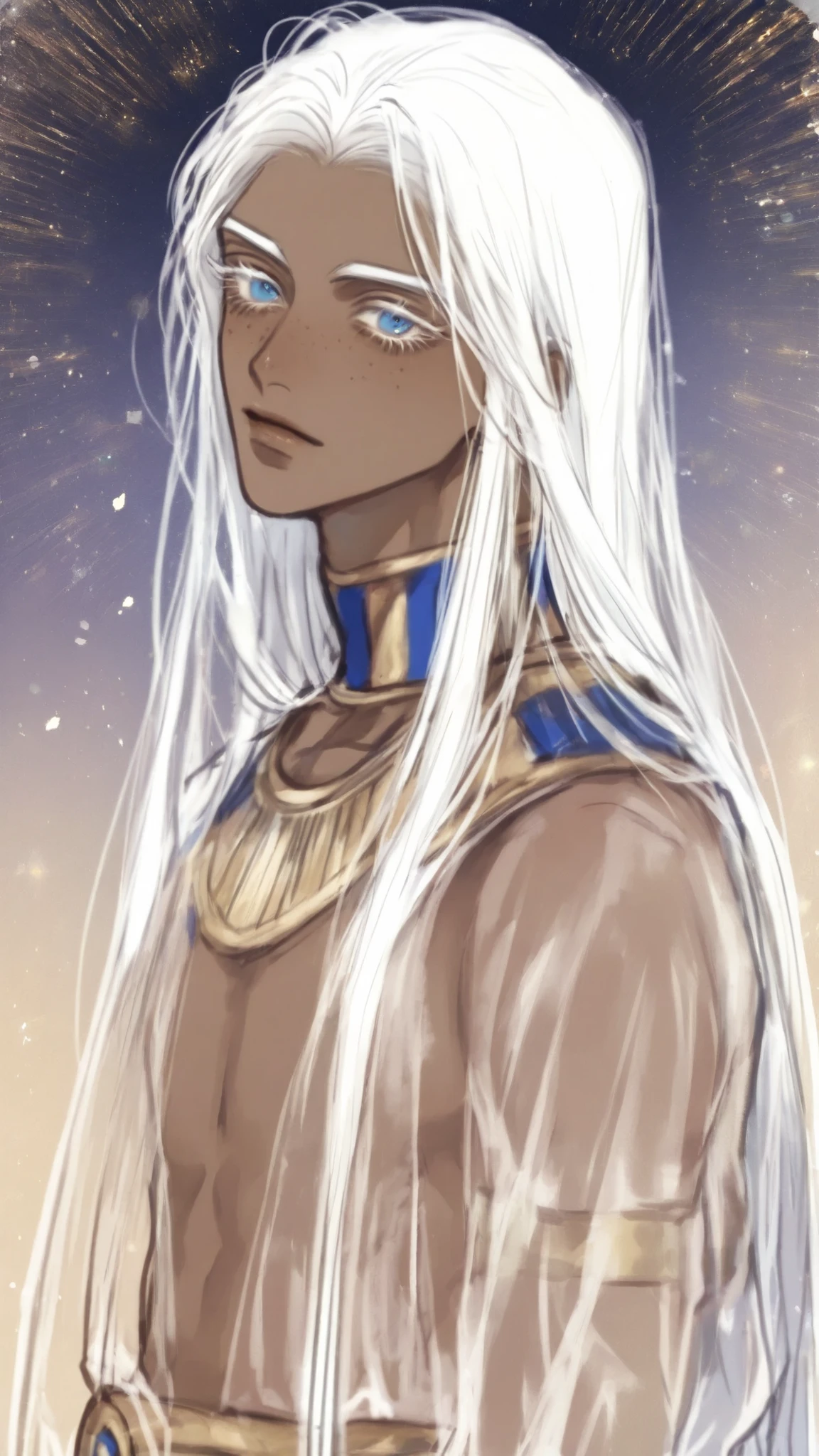 An image of an effeminate Egyptian boy,  with delicate features ,  very thin, with long straight white hair, blue eyes, Long white eyelashes , with freckles, dark-skinned woman, wearing translucent clothing
