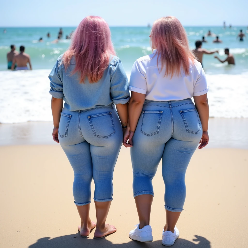 2 girls, at the beach, age22, Solo, Aesthetic artwork, german, untidy pink hair, shoulder length hair, tanned skin, A-cup, small breasts, small ass, athletic body, (textured skin, skin pores:1.1), nude ass, skinny, full body, sexy, bare ass