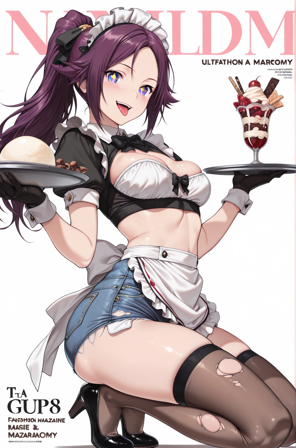 Perfect face. Perfect hands. A light purple haired cowgirl with green eyes and an hourglass figure in a conservative cowgirl outfit is eating dinner in a saloon with a big smile