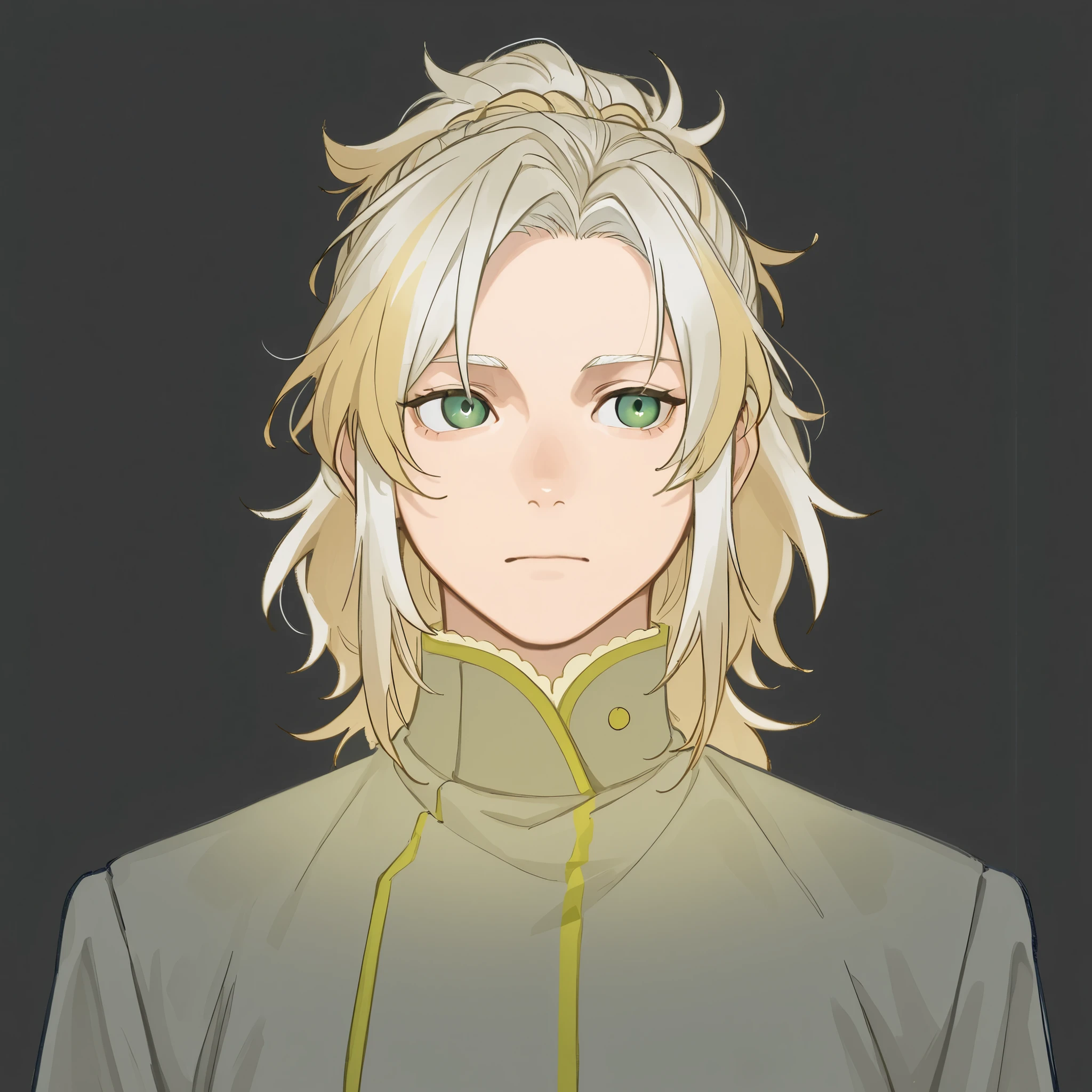 Homem,pele branca,long blond hair with white locks tied,green eyes with white pupil
Wearing a dress, a gray jacket with light yellow details.
Looking forward,neutro
