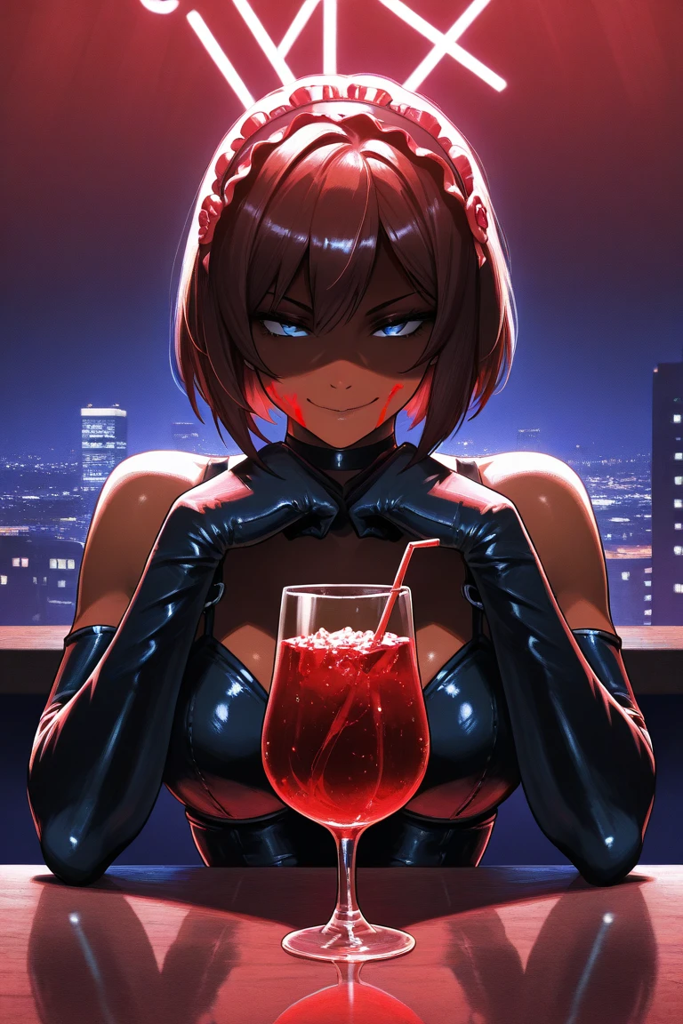 (((masterpiece))), ((high resolution)), detail, red-haired girl, hypdertailed, greeneyes, breasts big, (((thick-thighs))), choker, latex, night club, sitting at a table, Wide open legs, crotch focus