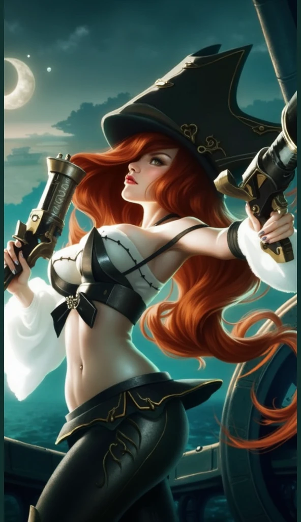 Miss Fortune, also known as Sarah Fortune, is a striking character from League of Legends. Here is a detailed description of her appearance:

Hair: Long, flowing red hair that cascades down her back, often styled with a slight wave.
Eyes: Bright green eyes that are both captivating and fierce.
Outfit: She typically wears a pirate-themed outfit, which includes a corset, high boots, and a wide-brimmed hat adorned with feathers. Her attire is both stylish and practical, designed for combat and mobility.
Accessories: She is often seen with a pair of ornate pistols, which she wields with deadly precision. Her hat and outfit are decorated with gold accents and intricate designs.
Physique: Athletic and toned, reflecting her agility and strength as a bounty hunter.
Expression: Confident and determined, with a hint of playfulness, embodying her fearless and adventurous spirit.
Miss Fortune’s overall look is a blend of elegance and danger, perfectly capturing her persona as a formidable and stylish bounty hunter