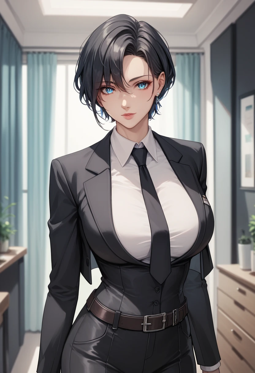 perfect eyes:1.2, detailed eyes:1.4, bar, tavern, drinks, serious, sitting, black pants, lisanna strauss, short_hair, purple hair, yellow eyes, fringe, blunt bangs, red lipstick, cleavage, black jacket, white shirt, pant suit, beautiful body, medium full shot, thigh-level shot, 1girl,(masterpiece:1.6, best quality),
