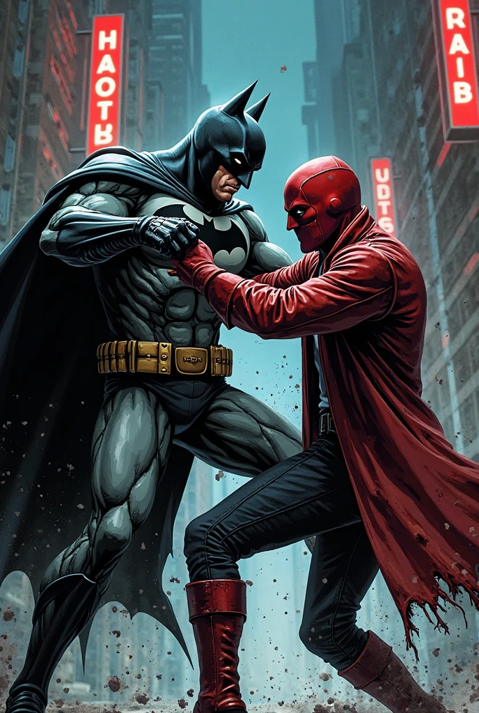 draw the Batman in an action scene with a lot of blood on his hands and mouth, blood on the ground because the scene is of Batman fighting several Cyberpunks at the behest of the villain Penguin, 64k,