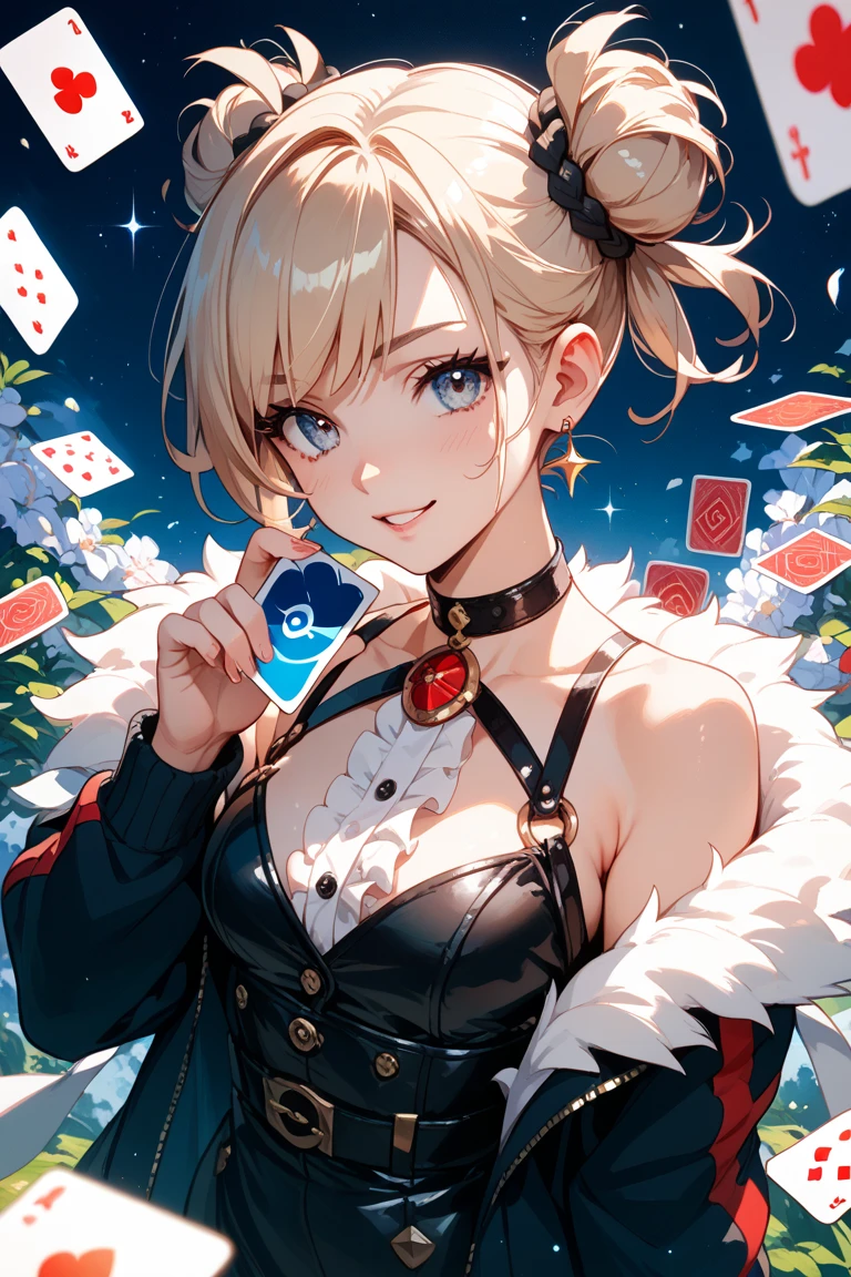 a girl holding card, thunder floating around,