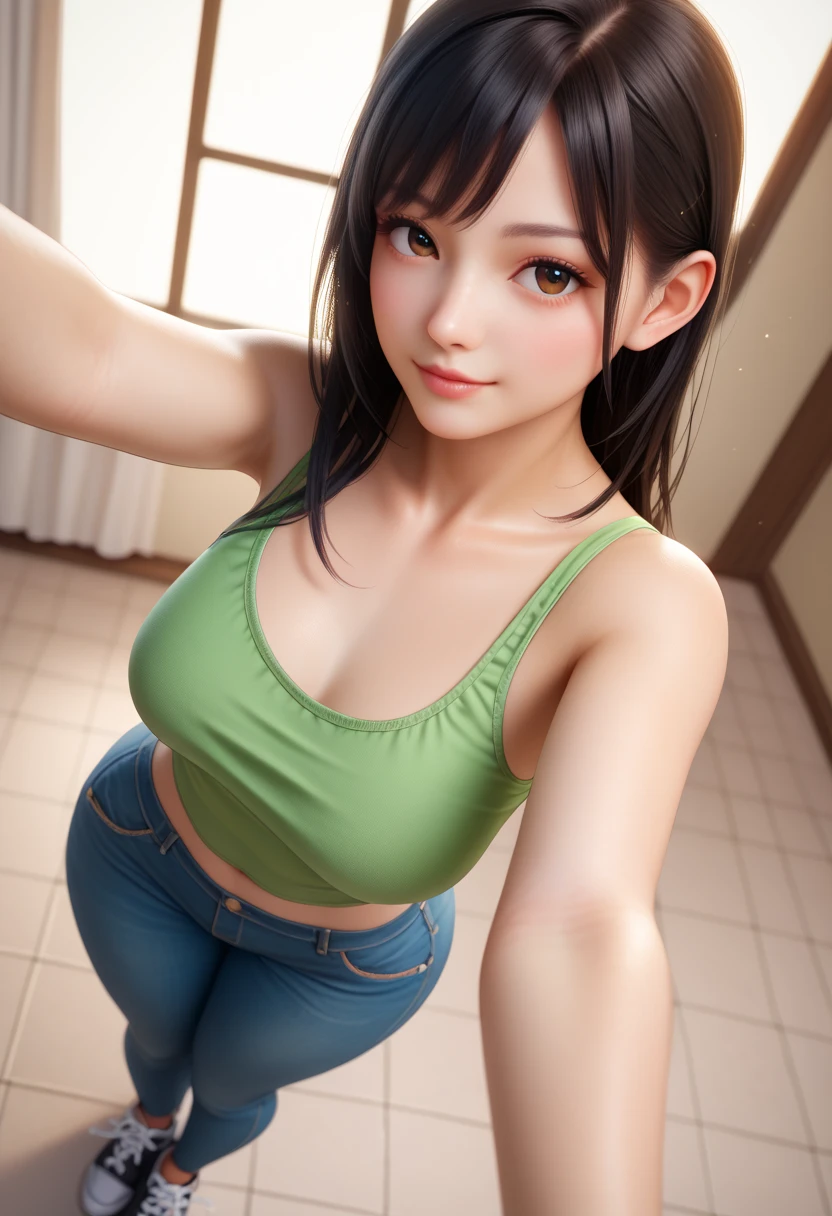 A fit young woman in her 20s. short curly blue hair, wearing a green tank top and grey shorts. no background. on the stage. 카메라를 바라본다
huge boobs."A model lying on her stomach on a bed, propped up on her elbows with her legs bent at the knees, crossing her ankles in the air, looking back over her shoulder with a playful, seductive smile."