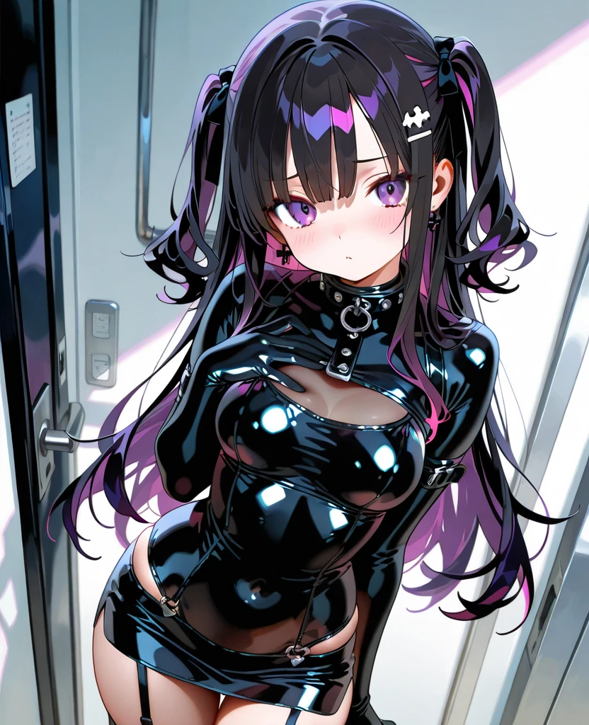 1girl,solo,(cowboy shot),standing,(black hair:1.2),long hair,(cat ears:1.2),(green eyes:1.2),(black rugged collar),(beautiful fingers:1.4),(perfect anatomy:1.4),(arms_behind_back:1.6),(cold_shoulder:1.2),(purple leather lace glossy silk lamé leotard:1.4),(latex luster shiny glossy metallic:1.6),(shiny_clothes:1.6),medium breasts,beautiful breasts,masterpiece,best quality,(Ultra high definition eyes:1.2),8k,(Beautiful detailed eyes:1.2),(Fine and beautiful eyes:1.2),(pretty eyes:1.2),finely detail,extremely CG, absurdres,high resolution,illustration,Detailed and beautiful outlines,finely detail,high resolution,(colorful refraction:1.4,Increase saturation:1.2),beautiful lighting,dynamic lighting,closed room,black background,simple background, smile,looking at viewer,Rem Galleu,(white Clear PVC sheets sleeves:1.4),(sheer sleeves:1.4),(see-through sleeves:1.4),(wide sleeves:1.2),(purple thigh boots:1.4)