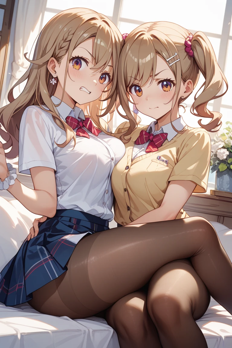 (masterpiece, Highest quality), (((Perfect Anatomy, Anatomically correct))), ((1 Girl)), Long hair, Braiding、Blunt bangs, Light brown hair, happiness, Green Eyes, hair ornaments, School_uniform, short_Dispel, just_feet, blue sky, window, Front view, Insights,The body is slim, Compresses on the chest, ((Beige cardigan,Green pleated skirt、Blue Neck Ribbon、White knee-high socks)),Pastel colored pantiesが見えている、((Pastel colored panties))、((Shiny panties))、((Normal location:1.4))、(((Straddle))),((feetを開いて座らされた…))、((orgasm:1.6)),((((M-shaped legs:1.1))),((Lift up your shirt:1.5)),((Showing off your bra)),(((Lace bra))),Award-winning bra designs、Random Color Bra、((((M-shaped legs:1.1)))、((orgasm:1.3)),((((M-shaped legs:1.1))),(((Sex with a man))),(Vagina Penis),Erotic atmosphere,Stupid,shortness of breath:1.6,((Pussy juice:1.3))