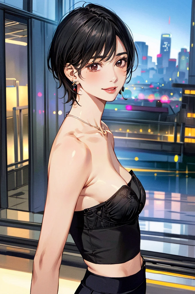 photo of mlp Meowko, RAW, beautiful woman, ((portrait)), ((detailed face:1.2)), ((anime face, anime facial feature, clear skin, glossy anime lips, clear skin), (short messy lesbian haircut, brunette: 1.55), (perfect proportioned body, Strong, muscular, narrow waist, narrow hips, skinny, large breasts, cleavage), arched back, (revealing clothes, wearing Flowing Black Dress, dress falling down off shoulders, getting undressed, gothic fashion, lace and velvet, pale skin, dark makeup), (city balcony, midnight city, stary sky), (realistic photo, best quality, detailed), (8k wallpaper), (cinematic lighting, beautiful light, (night:1.3)) (sharp focus, intricate)