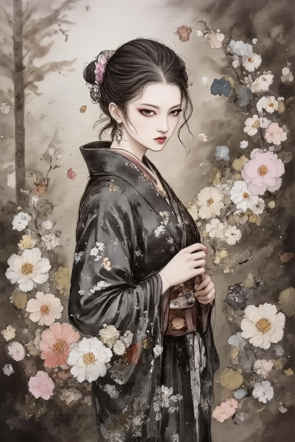 ink絵,Black and white painting,Upper Body.profile,Edo courtesan,A gorgeously made-up courtesan,Beautiful detailed glass hair,(Ornately decorated5A big hairpin made of books),(Luxurious Japanese clothes,A kimono with a wide open back collar that allows the back to be seen from the nape of the neck:1.2),Wearing high clogs,Large umbrella,Night scenery with lanterns lined up,ink,Black and white painting,splash,