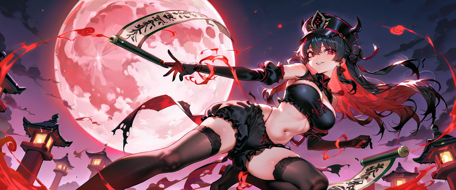 portrait,solo person,a beauty girl,Hair over the shoulder,succubi,Happy,pointy ears,goat horn,high-heels,Put your hand to your mouth,Crossed waist with one hand,Whitish skin tone,Bow collar,比基尼,grin,Magic pupil,a garter belt,The demons,The demons翅膀,Bat wings growing on the back,Crop topping,Sexy dressing,underwear,The demons尾巴,Arrow shaped tail end