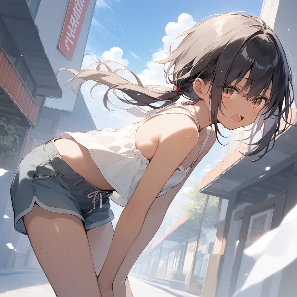 score_9, score_8_up, score_7_up, source_anime, best quality, masterpiece, official art, absurdres, highres, ultra-detailed,waifu2x,Collection: Slice of Life,break,1girl, tomboy, dark-skinned female, short hair, low ponytail, flat chest, beautiful detailed eyes, short shorts, sweat, open mouth, (yawn:0.3), sleepily, outdoors, wind,break,(clear line illustration:1.2), super detailed skin,very high resolution, very aesthetic, Best sexual lighting powered by famous artist, 8k,cute picture,beauty illustration,photoshop_(medium),,(Detailed Lighting),best anime 8k konachan wallpaper, pixiv contest winner,