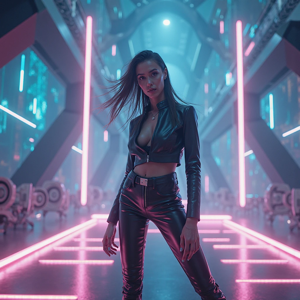 Cyberpunk female plagiarist immersed in digital theft, neon-lit alias within a vast online labyrinth, grotesque grunge brushing into surrealism, illuminated by kaleidoscopic volumetric light, a detailed masterpiece reminiscent of Moebius' distinctive style, deep focus, heightened depth field, psychedelic undertones amplified in a cinematic shot, aerial view of cyberpunk city at night, fog, (((((1girl, solo))))), photo realistic, (((((large-breast:1.4 slim body, cleavage:1.4))))), (((off broken mini sling-shirt and black sling bra, extreamly short white pleated miniskirt, (((micro panty)))))), (((((running pose))))), (((((((matrix style black micro sunglasses))))))), ((((((((((aiming with a short gun)))))))))), (((((looking at camera))))), (((very low view))), (((((half-body thigh level medium shot))))), (((cinematic lighting))).