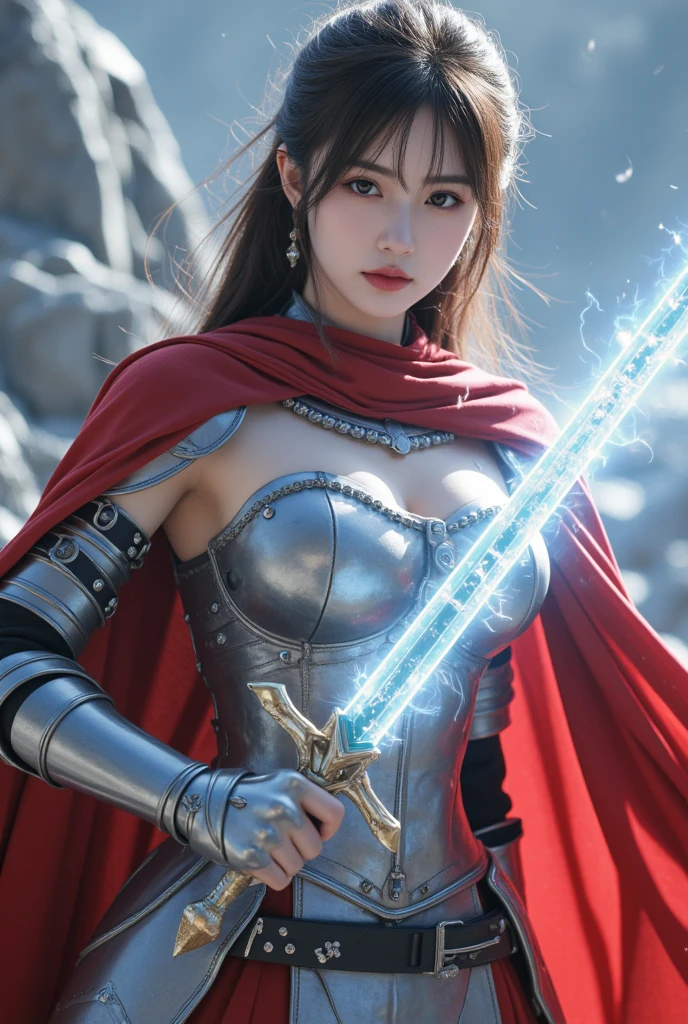 Black Hair, High resolution, Big Tits,Super Breasts,Large Breasts,Saggy breasts,Big white round ass, Plump, Droopy eyes, Showing teeth, Chubby, Brown Hair, bangs, Large Breasts, Underbust, See through, Stick your butt out,Keep your butt up, A high-necked top with an armor-like design that combines deep blue and silver.,Hard metal panels reminiscent of ice crystals are placed from the shoulders to the chest, giving off a cold glow.,The fabric is engraved with runes to concentrate magical power, and emits a pale blue light whenever it moves.,Black and silver leather pants Slim fit that hugs the entire leg,From the knees down, the armor is decorated with sharp, sharp ice blades, designed to allow for swift movement in combat.,A silver chain belt is worn around the waist with a huge ice crystal shining in the center.,A deep blue cloak spreads out from his back, with an ice-cold silver sheen on the inside.,Ice crystals form around the edge of the cloak, and every time it sways in the wind, it sends chills through the air.,The lining of the cloak features an ancient magic circle that amplifies her magical power.,His black boots are fitted with sharp, silver armor plates, and ice crystals float at his feet.,The tips of the boots are as sharp as icicles, allowing them to deliver powerful blows to opponents in battle.,On his head is a shiny metal helmet with sharp edges that resemble ice crystals.,A large blue diamond is set into the center of her helmet, symbolizing her ice powers.,An icy aura radiates from her helmet, accentuating her majesty.,He wears black and silver metal gauntlets on both his hands, with ice spikes growing from the back of his hands to his fingertips.,The gauntlet is inscribed with ice runes that give off a faint light whenever she uses magic.,Silver necklace with ice crystal in the center,The crystal is a medium for concentrating her cold energy, and glows pale blue whenever her magical power is amplified.,The staff he holds is made of ice crystal that emits a pale blue light, and a cold aura permeates the entire staff.,Ice crystals float on the tip of the staff and change shape according to her will.,The handle of the wand has a sharp, icy feel to it, symbolizing her strength.,