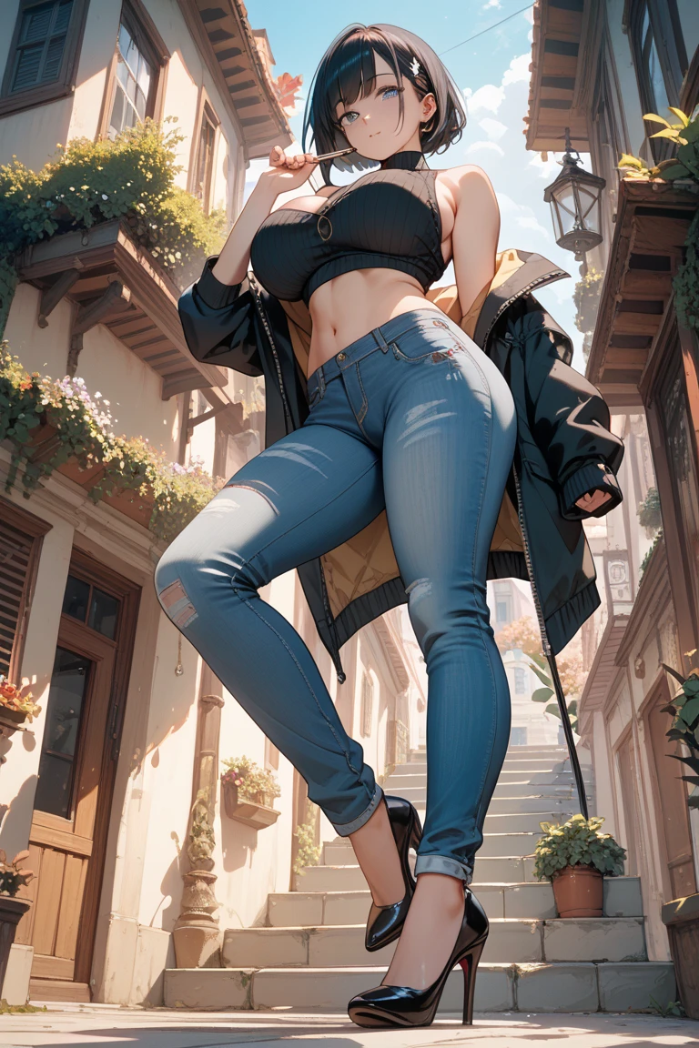 merula, full body, thighs, high heels, solo girl, medium tits, animal print pants