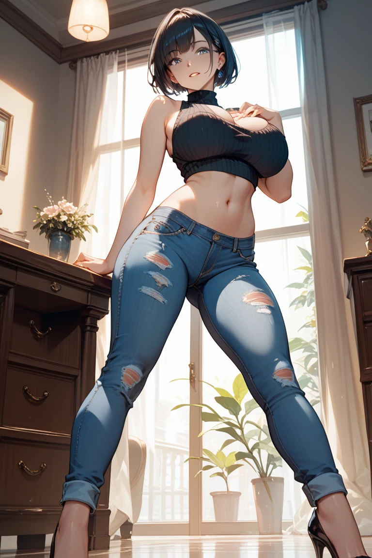 (( best quality, 8k, tmasterpiece: 2.0, high resolution, detailed)) Girl, wide hips, big ass, ticc tighs, Inner tigh gap, big breasts, loose hanging crop top, riped denim shorts, sexy, sexy look on face, seductive