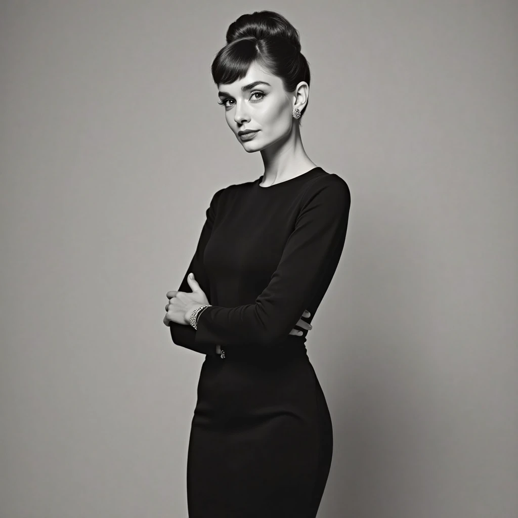 A photorealistic black and white image, in studio with neutral background, which evokes the style of fashion photographer Richard Avedon: a silver-haired woman in a high-fashion black dress, happily interacting with a sea lion. The composition captures elegance and energy, revealing the vibrant personality of the scene.