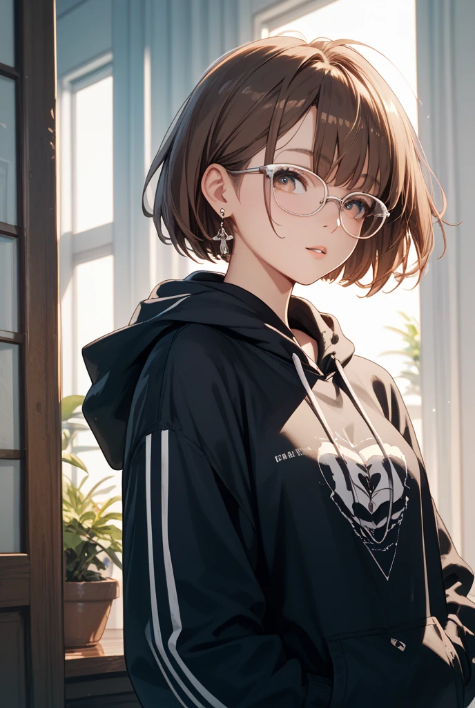 put on a hoodie hood, Play UFO Catcher at a game center, Wear a white hoodie, leaning forward, Describes the background extensively, blush, Wear black knee-high socks that go all the way up to the thigh., hair behind ear, short hair, expressive hair, over-rim eyewear, x hair ornament, hair dyed brown, anime style, anime, from below, best quality, super detail, textured skin, UHD, 4K, anatomically correct